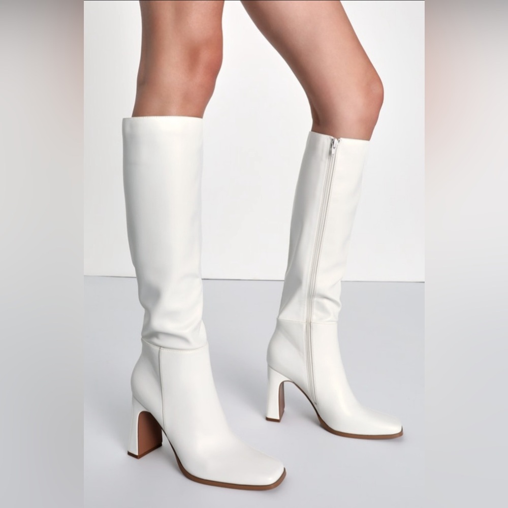 Lulu’s Ceceliaa White Square Toe Knee-High Boots